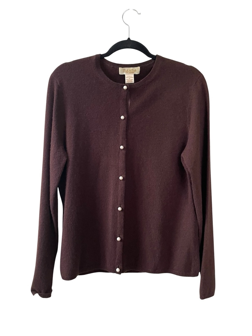 Peck & Peck Pure Cashmere 2-Ply Crewneck Cardigan Sweater Chocolate Brown XL